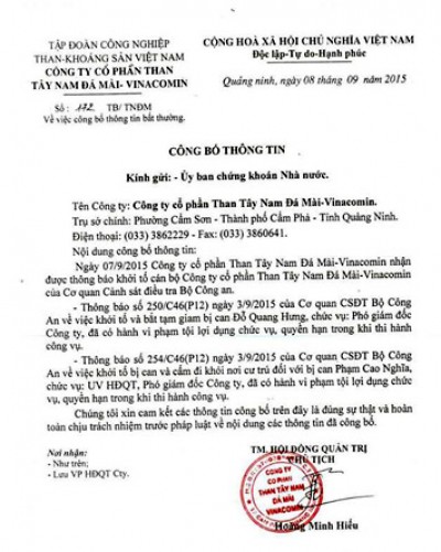 Khởi tố nhiều lãnh đạo Công ty than Tây Nam Đá Mài- VINACOMIN